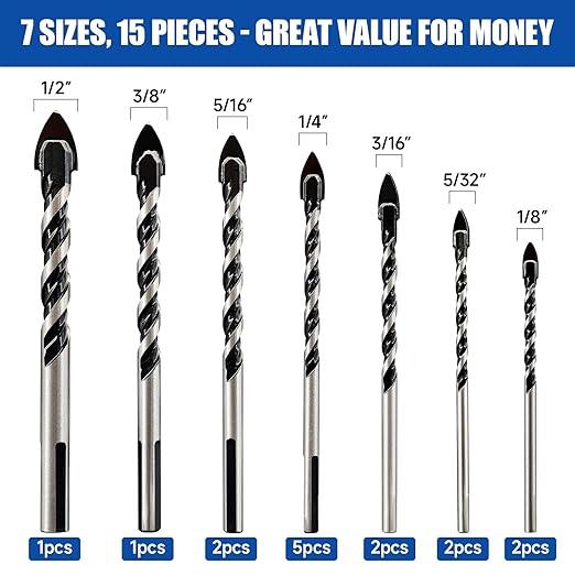 Pro Edge 15PCS Masonry Drill Bit Set, 1/8" to 1/2" Concrete Drill Bits Set Industrial Strength Carbide Bit for Tile Glass Ceramic Brick Wall Wood Plastic Cement