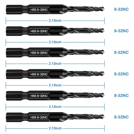 6-Piece 8-32NC Combination Drill Tap Countersink Bit Set SAE, Made of High-Speed Steel with Anti-Rust Blackened Coating, Ideal for Soft Metal, Wood & Plastic, 8-32NC Thread Size, 1/4??Hex Shank