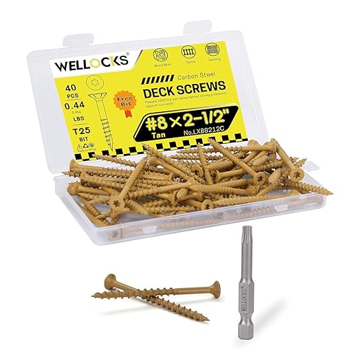 WELLOCKS Deck Screws, Wood Screws, Tan, Superior Rust Resistant, Epoxy Coated, Above 1000 Hour Salt Spray Coating T25 Torx Star Bit Included for Outdoor Wood Fence (Trial Size 0.44LBS, #8횞2-1/2")