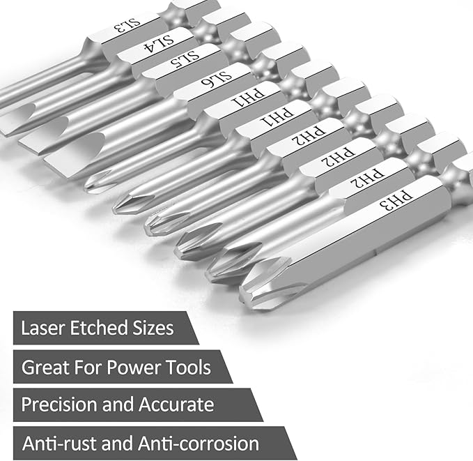 10 Piece Slotted Phillips Screwdriver Bit Set, 1/4 Inch Hex Shank S2 Steel Magnetic 2" Long Drill Bits