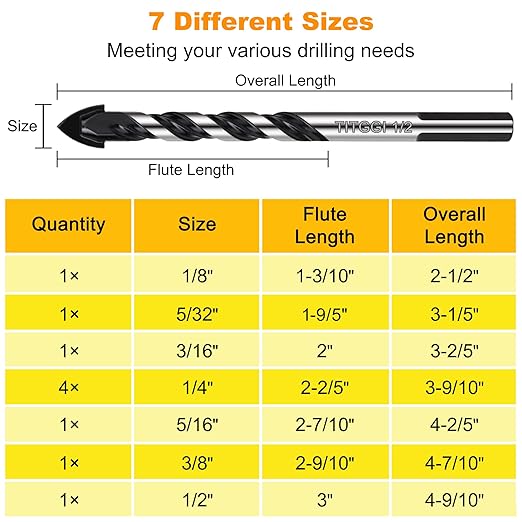 10-PCS Masonry Drill Bit Set & Concrete Drill Bit Set, Professional Drill Bit Set for Glass/Brick/Plastic/Cement/Wood/Tile/Etc, Industrial Strength Carbide Drill Bit Tip, 1/8"-1/2" by TITGGI