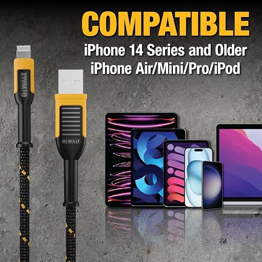 DEWALT Heavy Duty USB to Lightning Cable [Apple MFiCertified] Durable iPhone Charger, Lightning Cables, Fast Charging iPhone Charger Cord Compatible w/iPhones 14/13/12/11 Pro Max iPad AirPods, 4FT