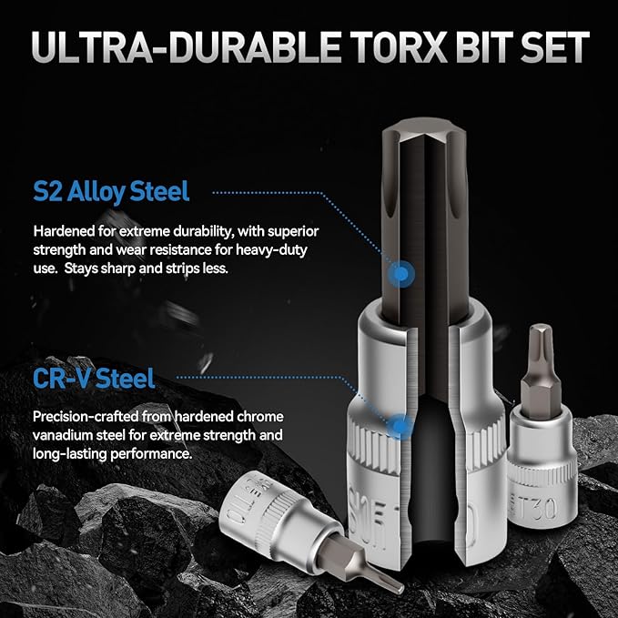 34-Piece 3/8'' Drive Torx Star Bit sockets CR-V E-Socket Set, E4-20, T10-60, Tamper Proof Set TT10-TT55, 5/16"F to 3/8"M adapter with Storage Case,S2 Steel, Ideal for Car,Trucks,Home Improvement