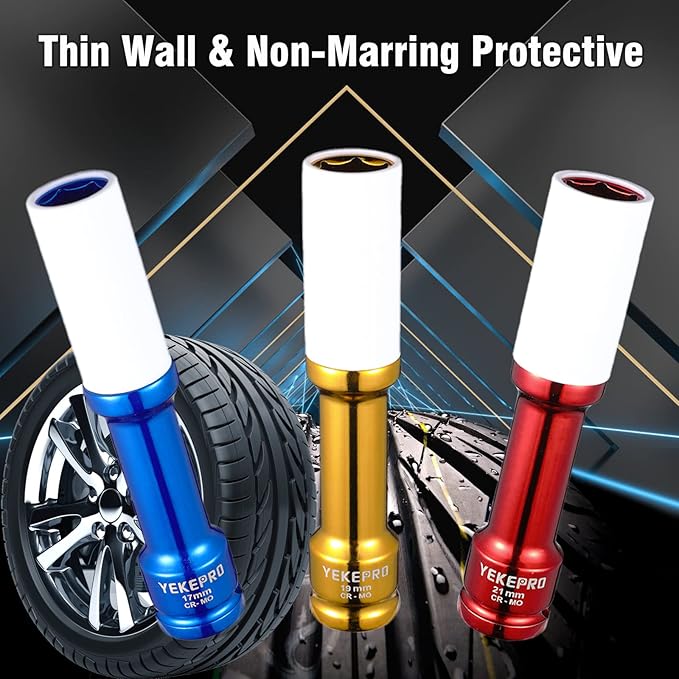 19mm 6" Extra-long Thin Wall Wheel Protector Impact Deep Socket Set, Non-Marring Lug Nut Socket Set, 6 Point, W12003A-19