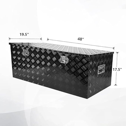 confote 48 Inch Heavy Duty Aluminum Stripes Plated Tool Box Pick Up Truck Bed RV Trailer Toolbox Square Storage Organizer with Side Handle, Lock and Keys, Waterproof -48"x 19.5"x 17.5"，Black