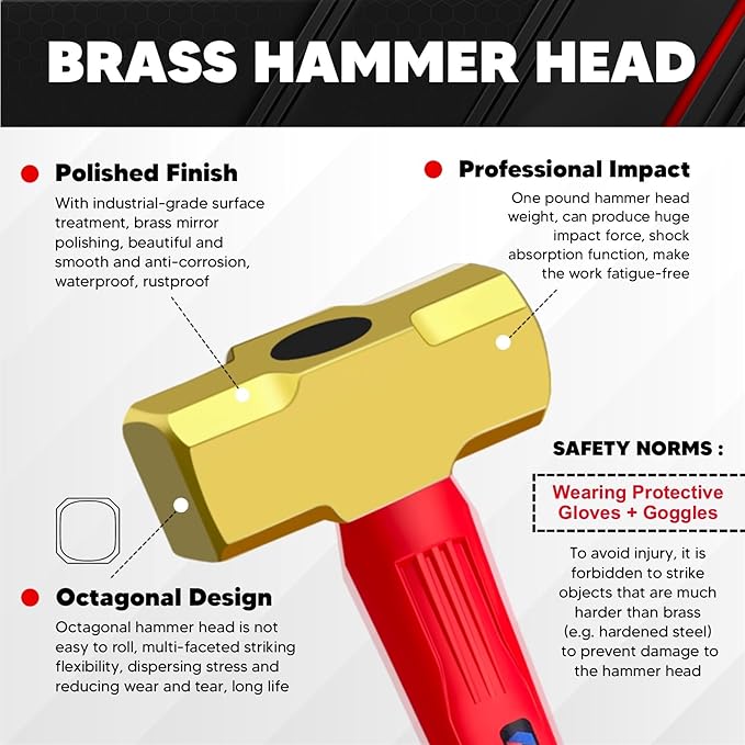 C&T 2lb Brass Sledge Hammer,Non-Sparking, Comfortable Fiberglass Handle,2-Pounds,Non-Magnetic,Corrosion Resistant