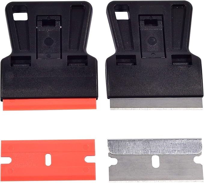 Portable 1.5inch Mini Metal Razor Scraper and Plastic Scraper with Blades, Putty Knife Set Removing Glue, Stain, Vinyl, Labels, Stickers, Decals, Pack of 2