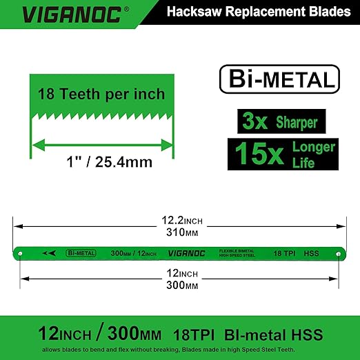 12" Hacksaw Replacement Blades, Bi-Metal High Speed Steel Hack Saw Blades - 18TPI HSS Saw Blades, 2 Pack