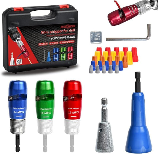 ANGELSWORD Wire Stripper & Wire Twister Tool for Drill, Wire Stripping Tool & Wire Twisting Connector Set 10/12/14 AWG, 3 PCS Professional Electrician Tools Set