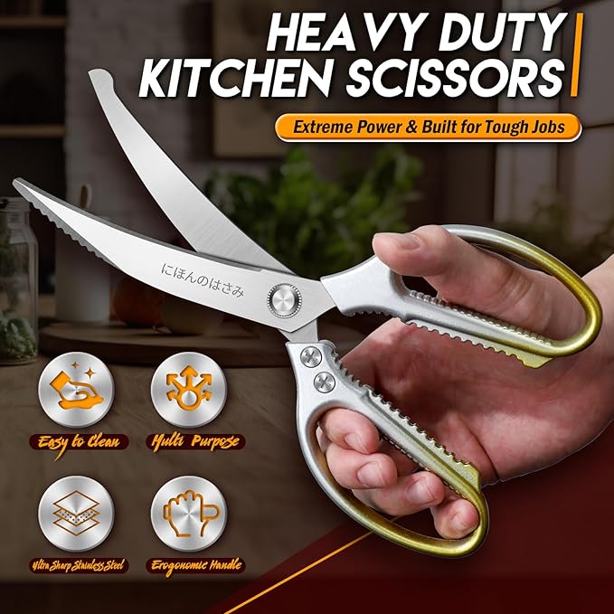 TIJERAS Kitchen Scissors Set Gold - Stainless Steel Kitchen Shear, Sharp Meat Scissors, Heavy Duty Poultry Shears, Japanese Cooking Scissor for Food, Chicken, and Turkey, Christmas Gifts for Men Women
