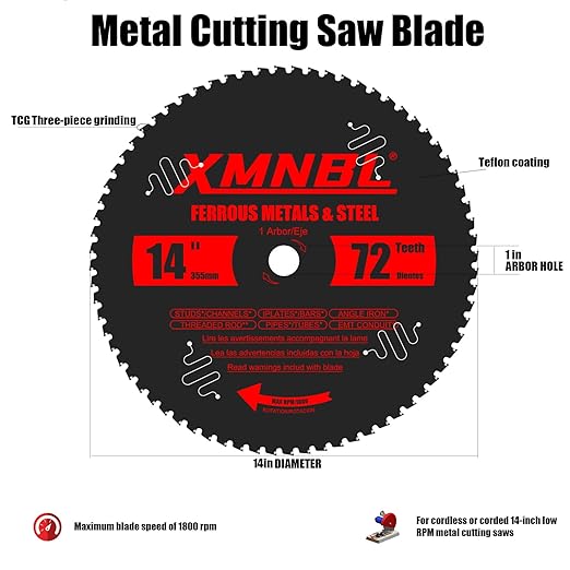 14 Inch Metal Cutting Saw Blade,Replacement for Diablo D1472CF 14" Metal Saw Blades,Compatible with Evolution Etc 14 Inch Chop Saw.72T Carbide Saw Blade.Steel Cutting Saw Blade.Longer Life 5X