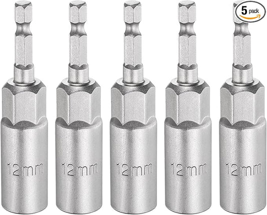 HARFINGTON 5pcs Nut Driver Drill Bit 12mm Metric Socket 1/4" Hex Shank 3.15" (80mm) Long 6-Point Sockets Quick Change CR-V Steel Bolt Setters for Power Drill Drivers