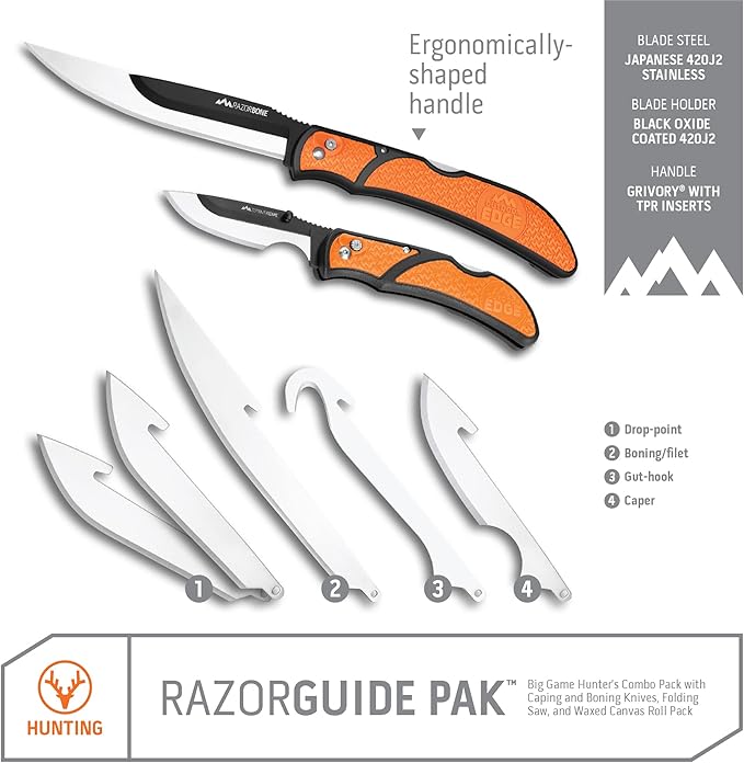 OUTDOOR EDGE RazorGuide Roll Pak | Hunting Knife Set Features Two Replaceable Blade Hunting Knives, Bone Saw, all Stored Securely in a Compact Roll Pack (Black Roll Pack)