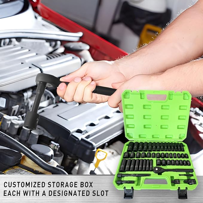 3/8" Drive Socket Set 50-Piece, SAE (5/16-3/4") & Metric (8-22mm), Deep & Shallow Impact Socket Set with Case, 6 Points, Premium CR-V, Extension Bars, Universal Joint & Power Drill, Gift for Men