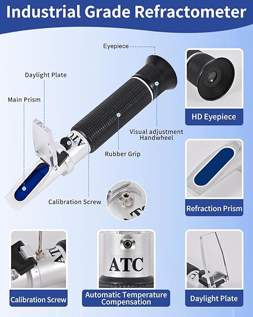 Honey Refractometer for Moisture, Brix and Baume, Brix Meter Refractometer with ATC, (12-27% Honey Moisture, 58-90% Brix, 38-43째 Baume), Refractometer Brix for Honey, Maple Syrup, Molasses, Fruit Jam