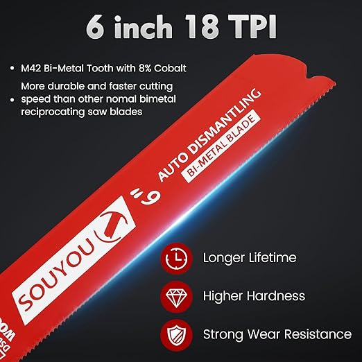 25 Pack 6 in 18 TPI Bi-Metal Reciprocating Saw Blades with Organizer Carbide Alloy Steel for Automobile Dismantling Metal Steel Cutting Non-Stick Coated for Less Heat for 1/16-5/16 Medium Metals