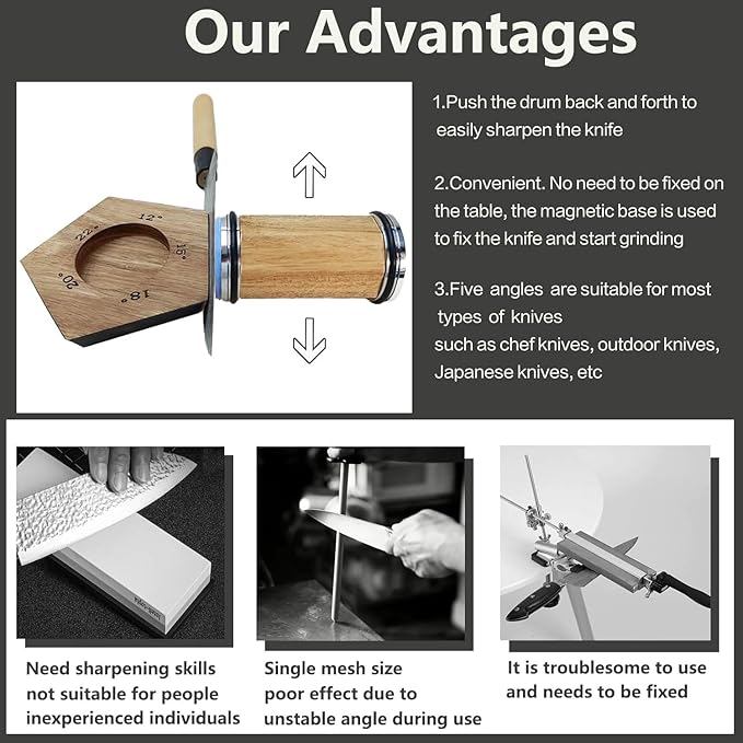 Acacia Rolling Knife Sharpener with 2 Diamond discs and Corundum disc, Rolling Knife Sharpener Kit with 5 Magnetic Angle Offer 12/15/18/20/22째