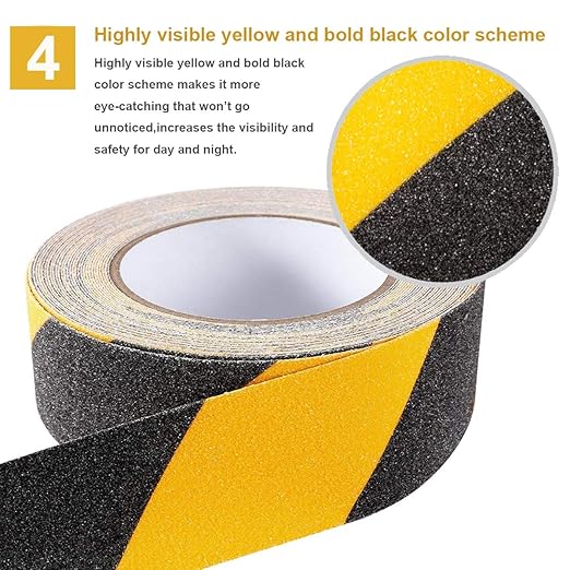 RELIANCER Anti Slip Safety Grip Tape 2inx60ft Non Skid Tread Safety Tape with High Traction Grit Yellow & Black Marking Self-Adhesive Tape Hazard Caution Warning Tape for Stairs Steps Deck