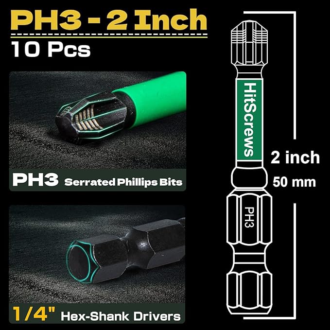 Anti Slip Impact Driver Phillips Bits #3, 2 Inch PH3 Impact-Resistant Screwdriver Bits, Magnetic Tip, S2 Tool Steel, 1/4" Hex Drive, Construction Tools - 10 Pack