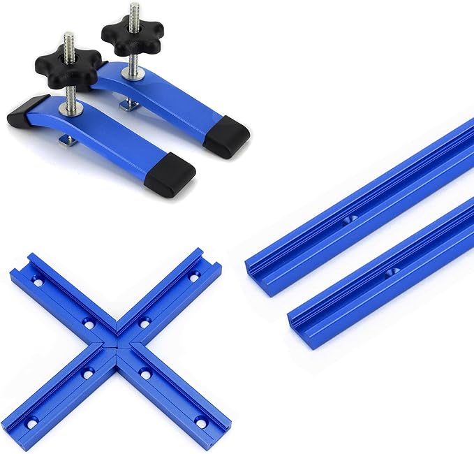 2pack 24" T-Track with 2 Hold-Down Clamps & Intersetion for Woodworking with Screws, Aluminum Alloy Woodworking Tools Double Cut Profile Universal T-Tracks with Predrilled Mounting Holes