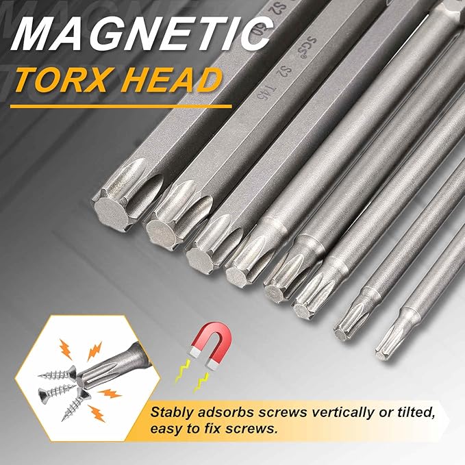HARFINGTON 2pcs T45 Torx Head Screwdriver Bit 1/4" Hex Shank 2" (50mm) Long Magnetic No Hole Tip Tamper Proof 6 Point Star Screw Driver Drill Bits S2 Steel Industrial Power Screwdrivers