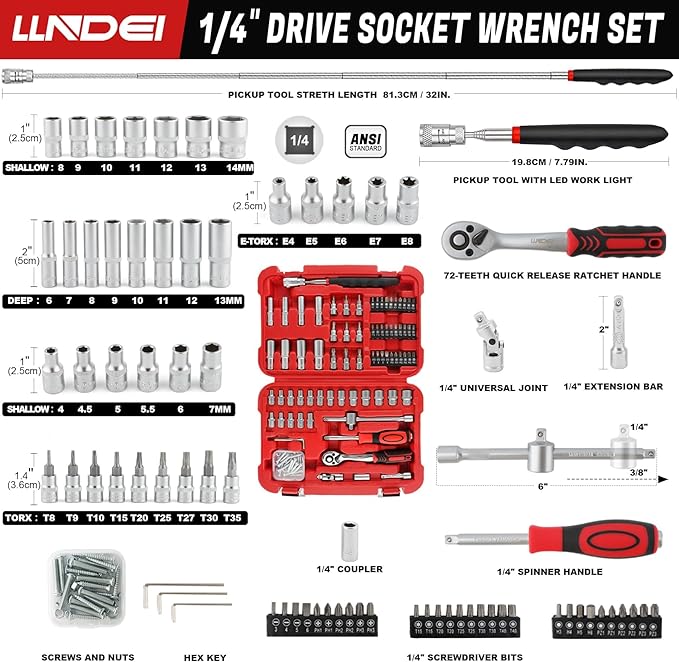 LLNDEI 106PCS 1/4-inch Drive Socket Set with Wrench, CR-V Steel Kit, Ratchet Handle, Screwdriver Bit Set & Magnetic Pickup Tool, With 11x8x2.5-inch Carrying Case