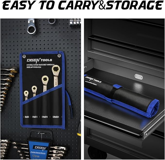 DISEN 2025 Upgraded 4-Piece E-Torx Double Box Ratcheting Wrench Set, 72-Tooth Black Nickel Plated, Dual Head E6E8/E10E12/E14E18/E20E24 with Storage Pouch