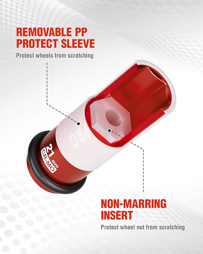 WORKPRO 1/2" Drive Lug Nut Impact Duty Socket, 21mm Deep Thin Wall Socket, Made of Premium Cr-Mo Steel, Non-Marring Lug Nut Wheel Sockets for Car