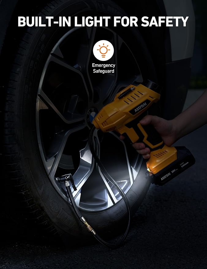 AstroAI Cordless Tire Inflator Air Compressor 20V Rechargeable Battery Powered 160PSI Portable Air Pump with 12V Car Power Adapter Digital Pressure Gauge for Cars Motorcycles JY16P160-18竊뉱2竊뎋ellow