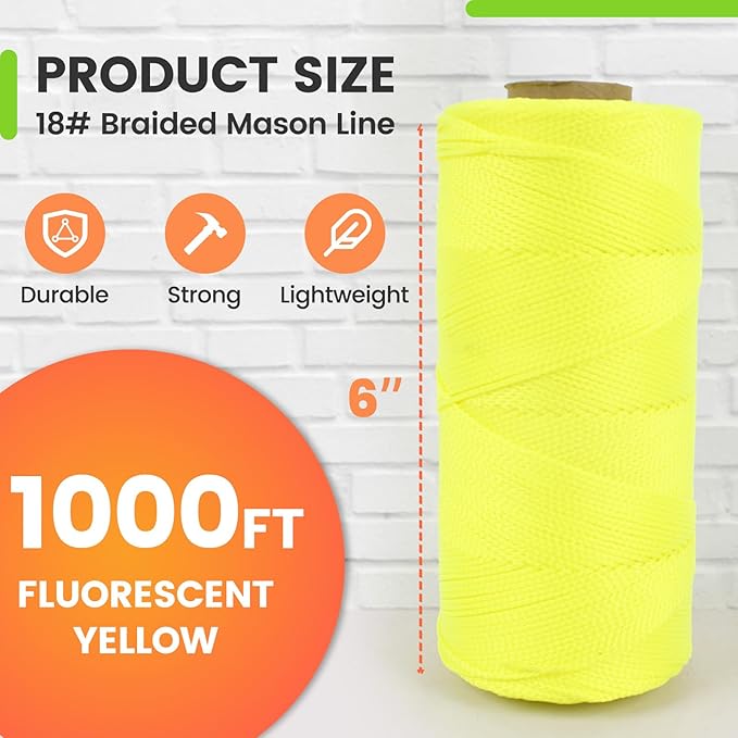 MERIANE Mason Line, 1000 Ft #18 Braided Nylon String Twine, Premium String for Masonry Jobs, Construction, Gardening, Net Making and Mending, DIY Projects, Fluorescent Yellow