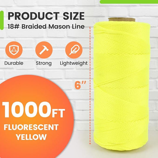 MERIANE Mason Line, 1000 Ft #18 Braided Nylon String Twine, Premium String for Masonry Jobs, Construction, Gardening, Net Making and Mending, DIY Projects, Fluorescent Yellow
