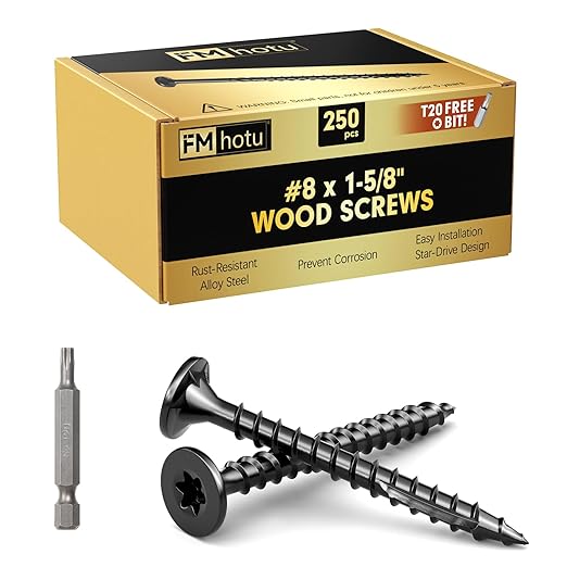#8 x 1-5/8” Deck Screws, 250Pcs Star Drive Wood Screws, Rust Resistant Timber Screws for Timber/Log/Landscaping Wood, T20 Star Bit Included, Black