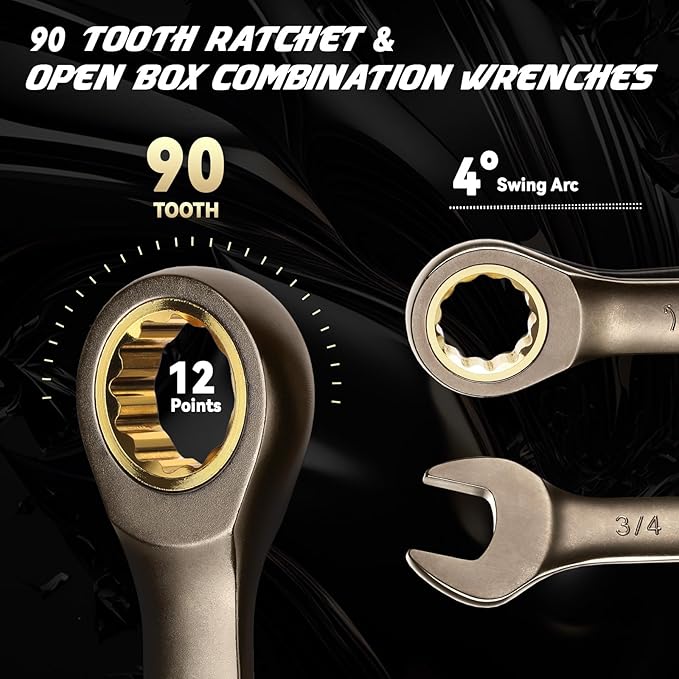 DISEN 13pcs 90 Teeth Ratcheting Wrench Set, Fixed Head SAE Combination Ratchet Wrenches Set 1/4 Inch - 13/16 inch, Nickel Plating Cr-V Constructed with Organizer