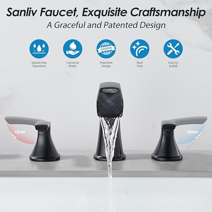 Matte Black Waterfall Bathroom Faucet, Sanliv 3-Piece Widespread Bathroom Sink Faucets, 2-Handle Vanity Faucet for 3-Hole Sinks 4-8 Inch with Pop-Up Drain, ?랱atte Black