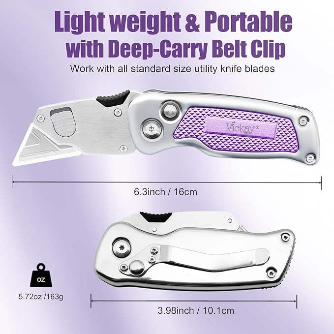 Vickay Box Cutter, Utility Knife with Belt Clip, Stainless Steel Body Handle, Quick-change Blade and Safety Axis Lock, Razor Knife, Cardboard Cutter with Extra 5PC SK5 Blades (Purple)