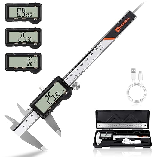 HARDELL Digital Caliper, Rechargeable Digital Caliper 6 inch with Reset Setting, Caliper Measuring Tool with MM/in/F Conversion, Auto Off, Micrometer with Large Screen for Jeweler/Woodworking/DIY