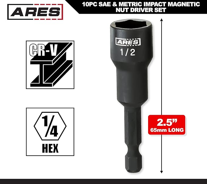 ARES 27102-10-Piece SAE and Metric Impact Magnetic Nut Driver Set - 2 1/2-Inch Impact Grade Nut Setters with Industrial Strength Magnets and Holders