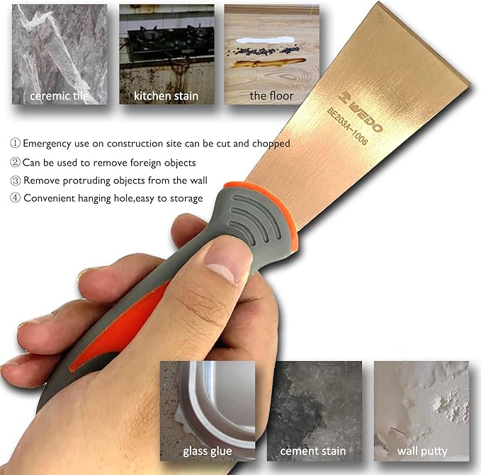 WEDO Non-Sparking 1-1/2" Putty Knife, Stiff Spark-free Safety Scraper Painter 40mm, Non-Magnetic, Die-Forge, Corrosion Resistant, DIN Standard, Beryllium Copper, 8??Length