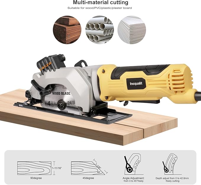 4Amp Mini Circular Saw, 3500RPM Corded Compact Saw with 4-1/2" 24T TCT Blades, Laser Guide, Rip Guide, Vacuum Adapter and Blade Wrench, Max Cutting Depth 1-11/16"(90°), 1-1/8"(45°）