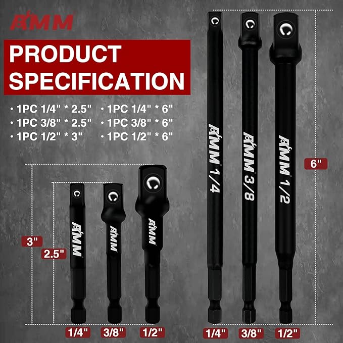 AMM 6-Piece Impact Grade Socket Adapter Set, 3-Inch & 6-Inch Power Drill Socket Driver Adaptor, 1/4", 3/8", 1/2" Hex Shank Adapt Your Power Drill To High Torque Impact Wrench