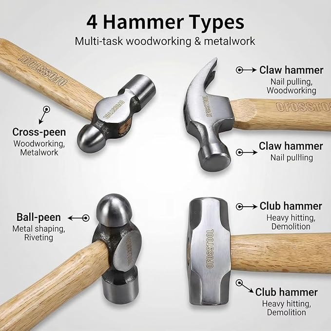 4PC Mini Hammer Set,Wood Oak Short Handle,11OZ Claw Hammer, 19OZ Sledge Hammer,12OZ Ball Peen Hammer,11OZ Engineers Hammer All Purpose for Striking DIY,Metalworking, Machinists and Engineers Craftsman