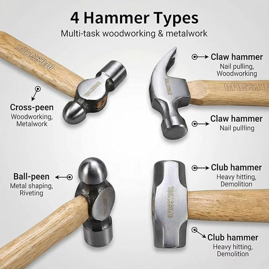 4PC Mini Hammer Set,Wood Oak Short Handle,11OZ Claw Hammer, 19OZ Sledge Hammer,12OZ Ball Peen Hammer,11OZ Engineers Hammer All Purpose for Striking DIY,Metalworking, Machinists and Engineers Craftsman