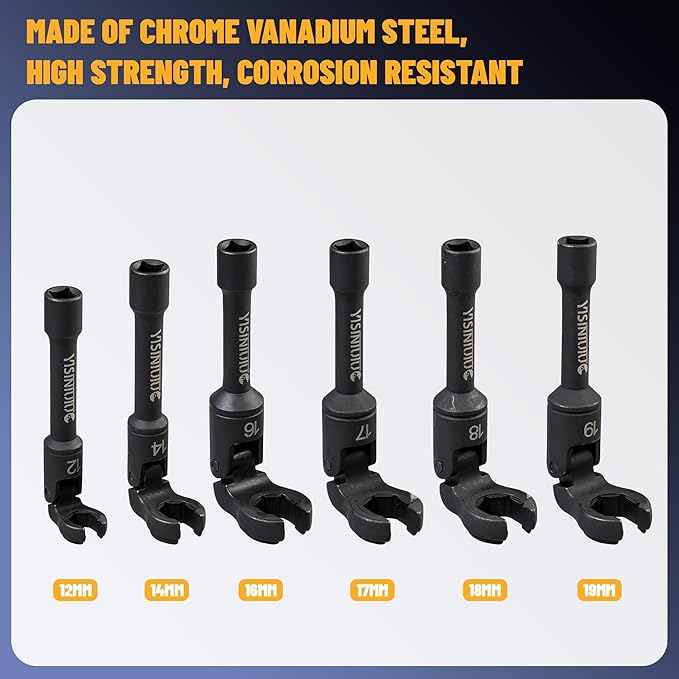 6 Pieces Flex-Head Crows Foot Line Wrench Set 3/8" Drive Injector Fuel Line Sockets Wrench Set Metric 12/14/16/17/18/19mm