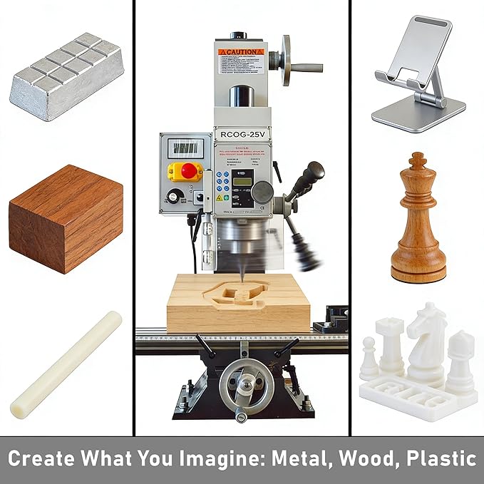 INTBUYING Benchtop Mini Milling Drilling Machine Brushless Precision Mill Drill Lathe, 50-2250rpm, 19in X-Axis Stroke R8 Spindle for Home DIY Metal Wood Plastic Processing RCOG-25V 1100W 110V