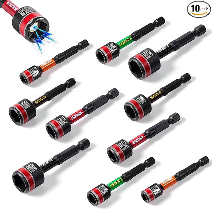 Impact Nut Driver Set, 10 Pieces 2.56?쒵ong 1/4??/16??/8??/16??1/2?? Point Alloy Steel Magnetic SAE Nut Setter Set Use For Require Installing 1/4 Hex Shank Impact Driver with Case Box