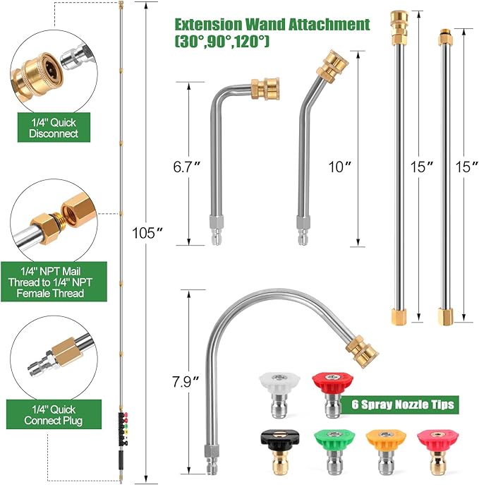 Gutter Cleaning Tools From the Ground, 10 Pack 9 FT Pressure Washer Extension Wand, Power Washer Lance With 6 Pressure Washer Spray Nozzle Tips, 30째, 90째, 120째 Gutter Cleaner Curved Rod, 4000 PSI