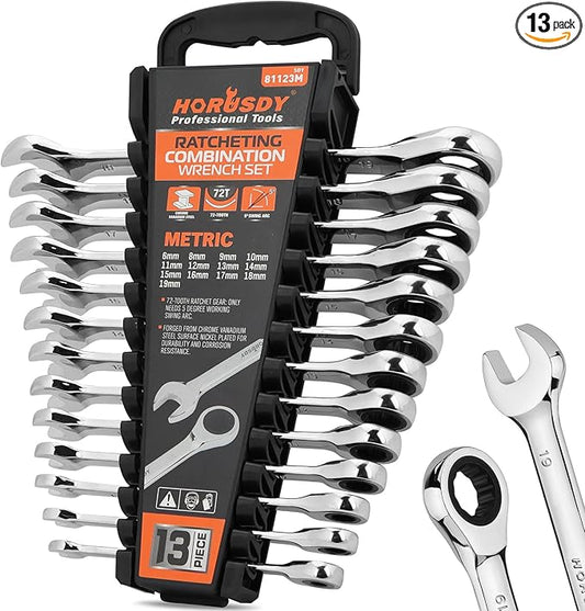 HORUSDY 13-Piece Sturdy Ratcheting Wrench Set | Metric Sizes 6??9mm | Max Torque Ratchet Combination Wrenches Set with Storage Rack | 72-Tooth | Chrome Vanadium Steel