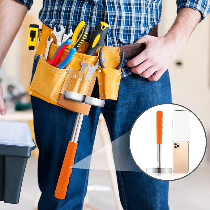Telescoping Magnetic Sweeper Pickup Tool, Screws Parts Finder with 35LB Pull Capacity, Retractable 8.6" to 33" with Strong Magnet, Pick up Nails, Screws, and Metal Parts, Orange