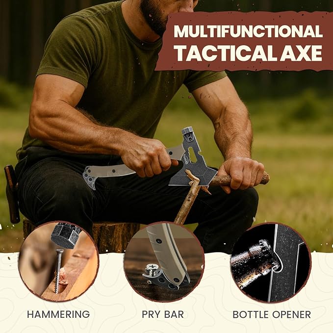Tactical Axe with G10 Handle Camping Survival Hatchet, Multifunctional Hiking Outdoor Heavy Duty Full Tang Tomahawk Tools with Hammer, Unique Design Crowbar, Leather Sheath (Gray)