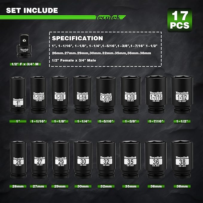 3/4" Drive Deep 6-Point Impact Socket Set, 17-Piece Jumbo Assortment, Cr-Mo, SAE (1-Inch to 1-1/2-Inch) and Metric (26mm to 38mm), 1/2" F to 3/4" M Impact Socket Adapter